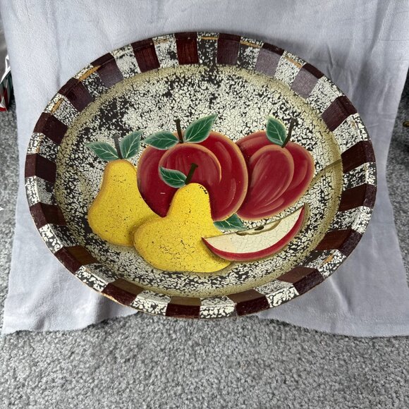 Decorative Wooden Bowl Painted Fruit Apple Pear Design Farmhouse Rustic Decor - Picture 2 of 16